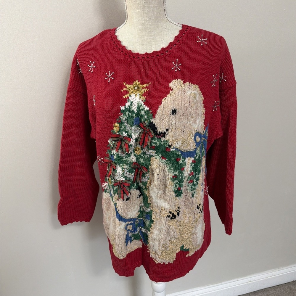 Tiara‎ International Vintage 90s Christmas Sweater Women's Size L Tree Bears